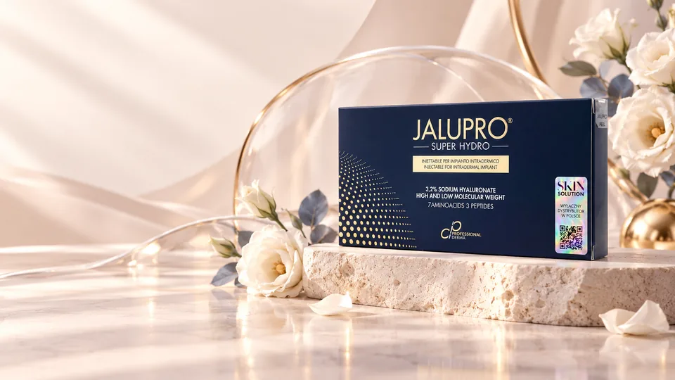 Granatowe opakowanie Jalupro Super Hydro w eleganckiej aranżacji